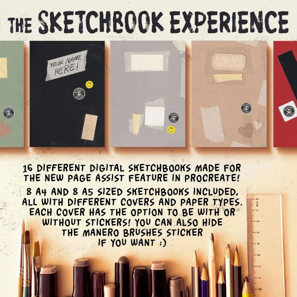 Procreate Brushes & Digital Sketchbook Bundle | Realistic Pencil and Ink Brushes, 16 Digital Sketchbooks | Paper Textures