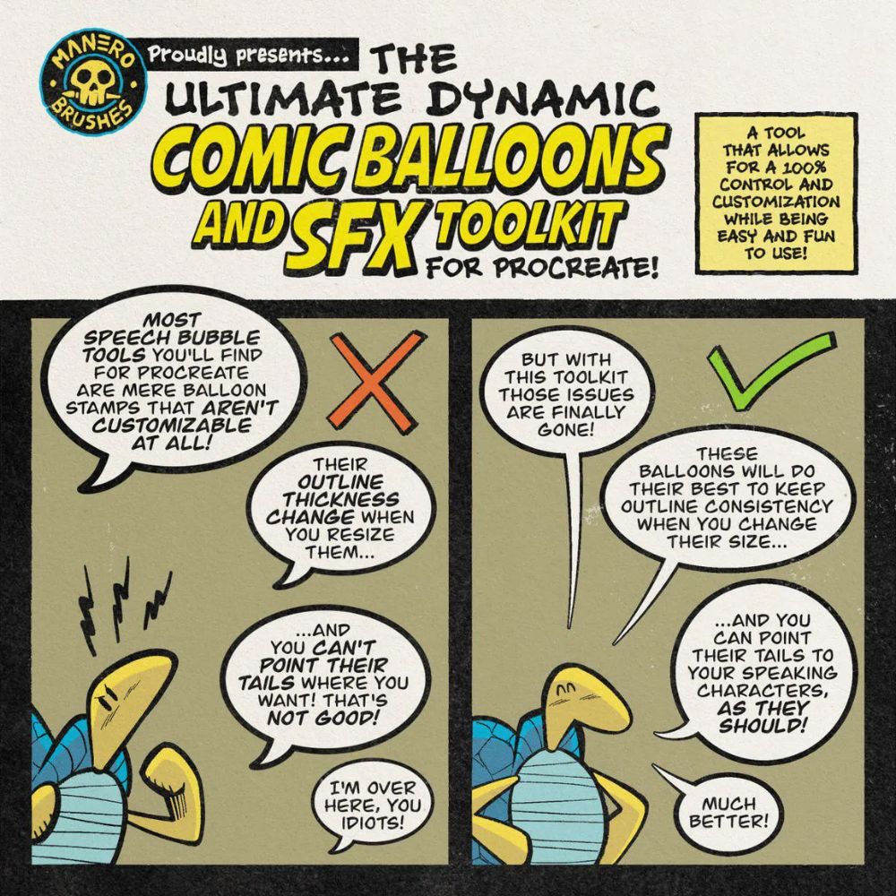 Procreate Comic Creator Toolkit: 192 Dynamic Speech Balloons, 110 Hand-Drawn SFX Brushes, Panels – Customizable Manga | Comic Art Brush Set