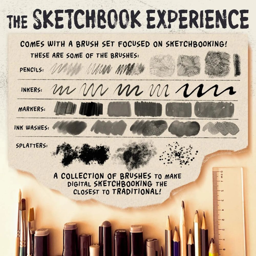 Procreate Brushes & Digital Sketchbook Bundle | Realistic Pencil and Ink Brushes, 16 Digital Sketchbooks | Paper Textures