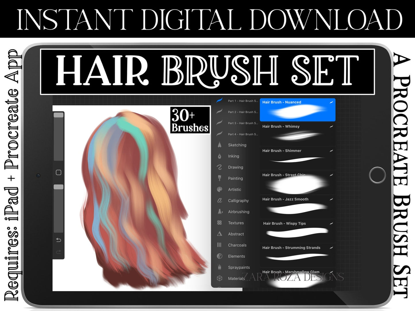 rocreate Hair Brush Set Vol. 2 - 30+ Brushes Bundle Pack, Portrait Drawing Face Character