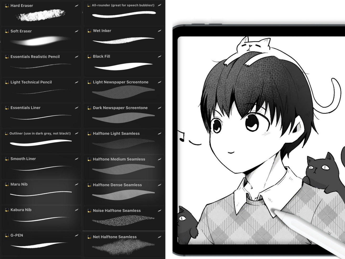 90 Procreate Manga Brushes: Sketch, Ink, Halftone, Foliage