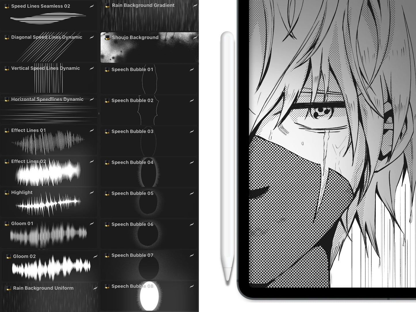 90 Procreate Manga Brushes: Sketch, Ink, Halftone, Foliage