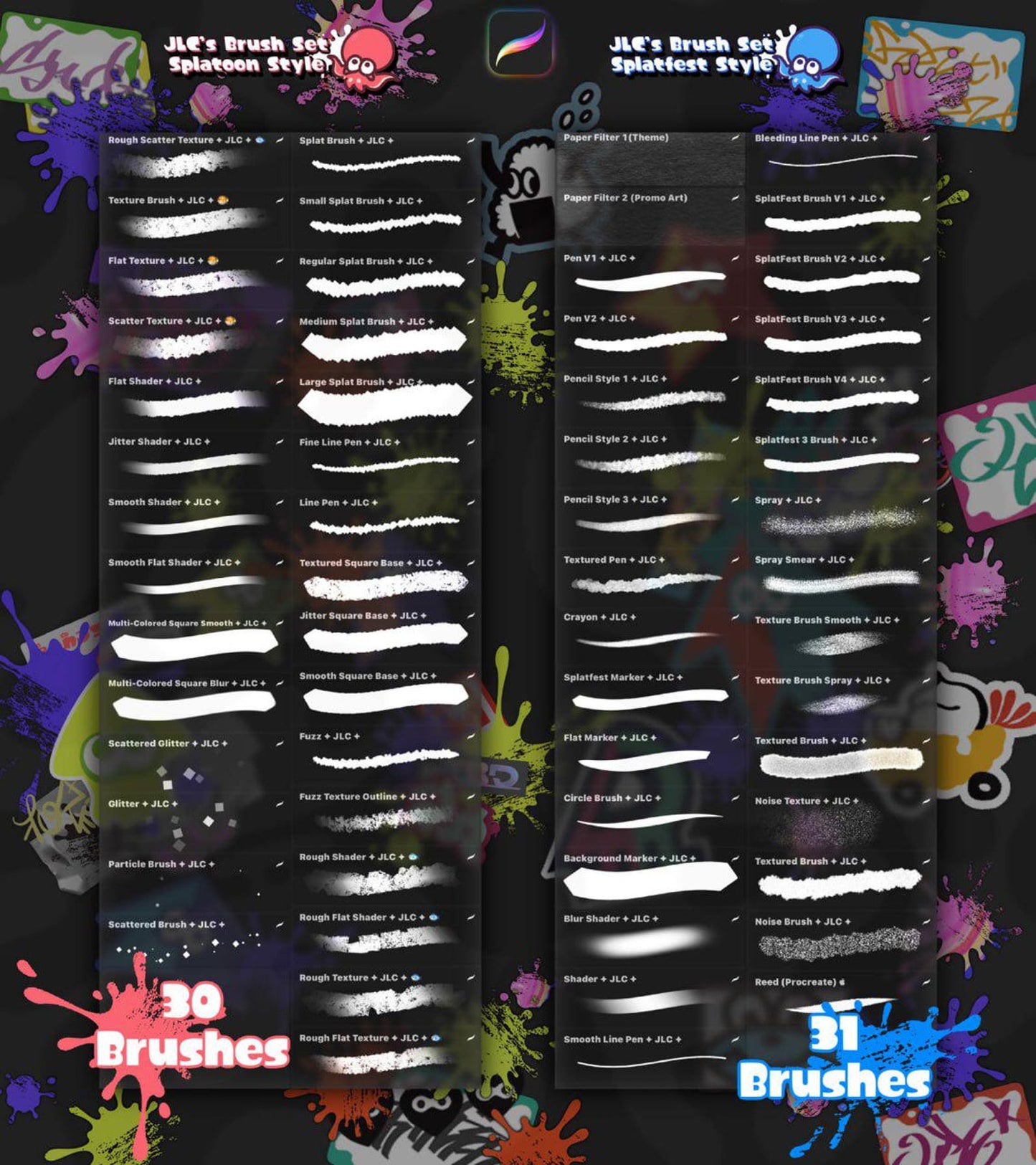 Splatoon Brushes for Procreate | 61 Ink & Paint Brush Pack