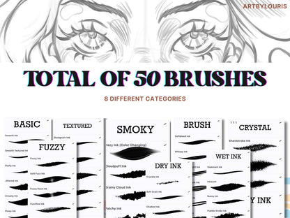 50 Ink Brushes For Procreate | Instant Download | Alcohol Markers | Watercolor Brush | Ink Set | Line Art